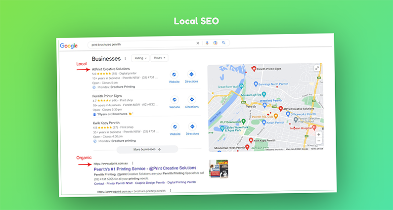 Screen grab of a search engine results page featuring organic and local business results