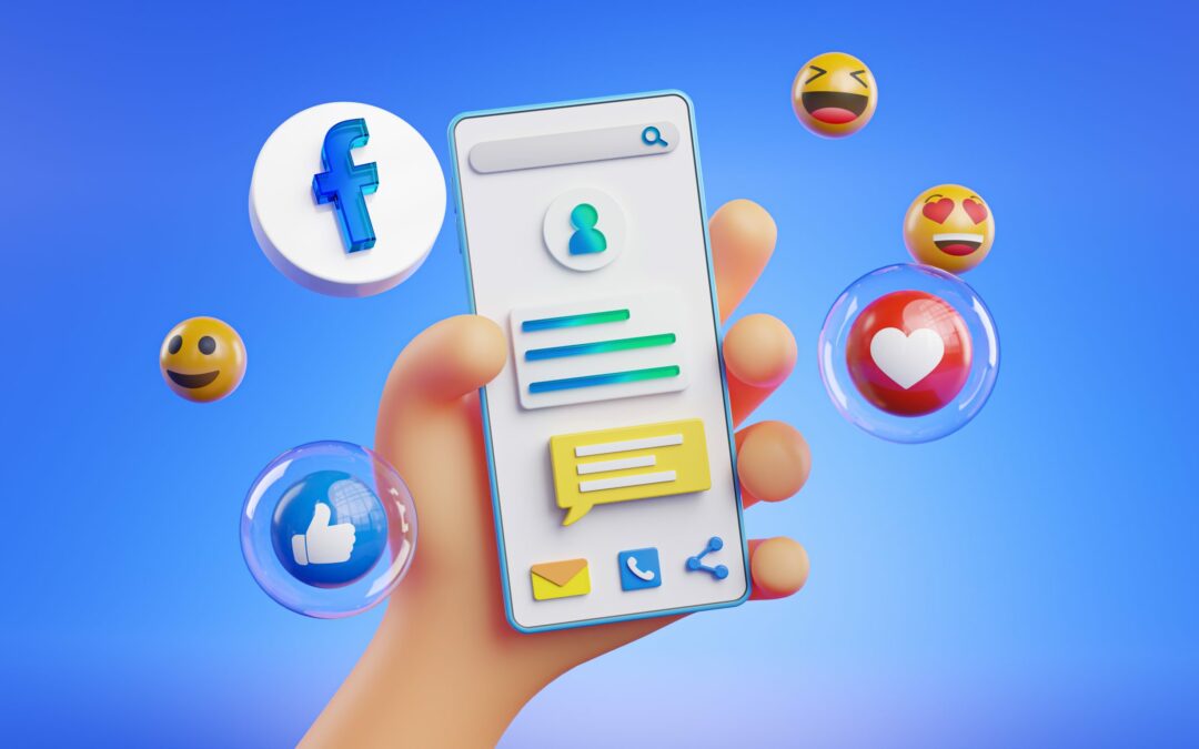 cute hand holding phone facebook icons around 3d rendering scaled